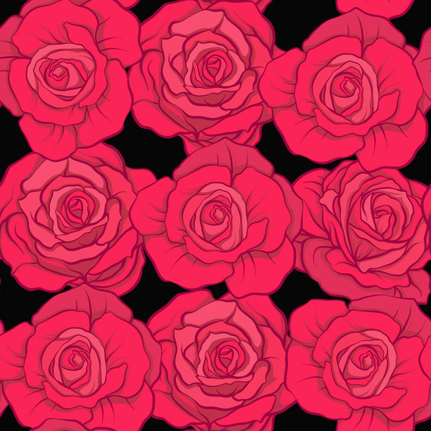 Seamless pattern with red roses on black background. Stock vecto - Vetor, Imagem