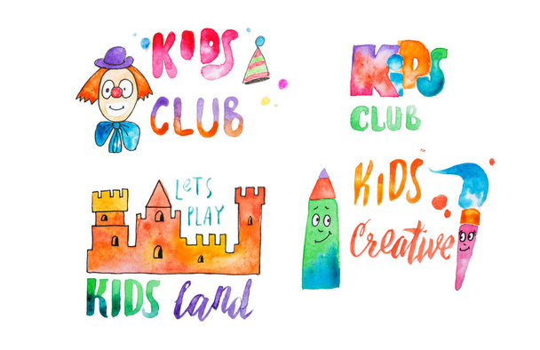 Akvarell színes emblémák a kalligrafikus letterings kids Club szett - Fotó, kép