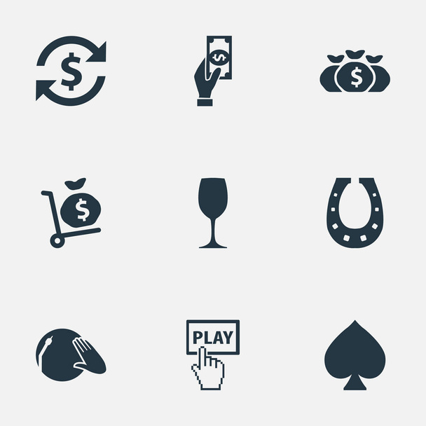 Vektoros illusztráció készlet egyszerű Casino ikonok. Elemek kattintson, ajtó dekoráció, zsák pénzt és egyéb szinonimák érme, cipő, és inni. - Vektor, kép