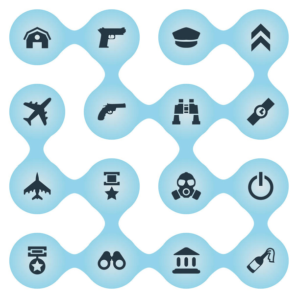 Conjunto de ilustração vetorial de ícones de batalha simples. Elementos de perseguição avião, revólver, aeronaves e outros Sinônimos Fogo, Tribunal e avião
. - Vetor, Imagem