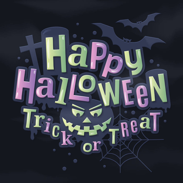 Feliz Halloween letras elegantes com rosto assustador abóbora, morcegos, teia de aranha e lápide no fundo. Ilustração vetorial
. - Vetor, Imagem