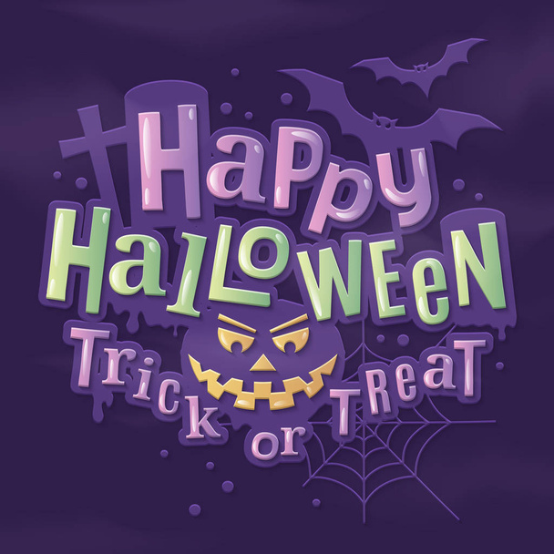 Happy halloween stijlvolle belettering met enge pompoen gezicht, vleermuizen, spinrag en grafsteen op achtergrond. - Vector, afbeelding