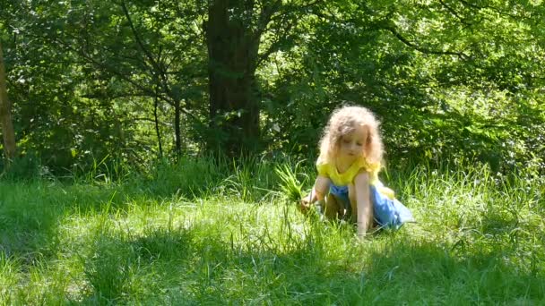 Χαριτωμένο ξανθό κοριτσάκι σε φωτεινό κίτρινο πουκάμισο και μπλε φούστα κάθεται στο πάρκο το πράσινο γρασίδι και συκωταριά. - Πλάνα, βίντεο