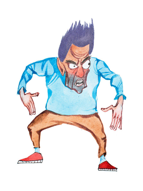 Aquarellzeichnung eines wütenden Karikaturisten, der in angreifender oder bedrohlicher Pose steht - Foto, Bild