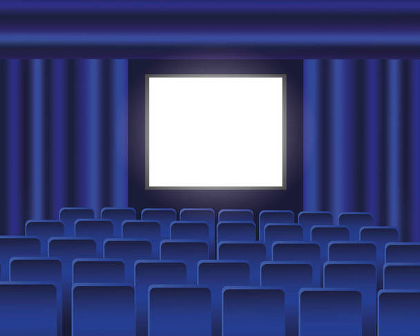 Kinosaal mit blauen Sitzen und leerer Leinwand. Vektorillustration - Vektor, Bild
