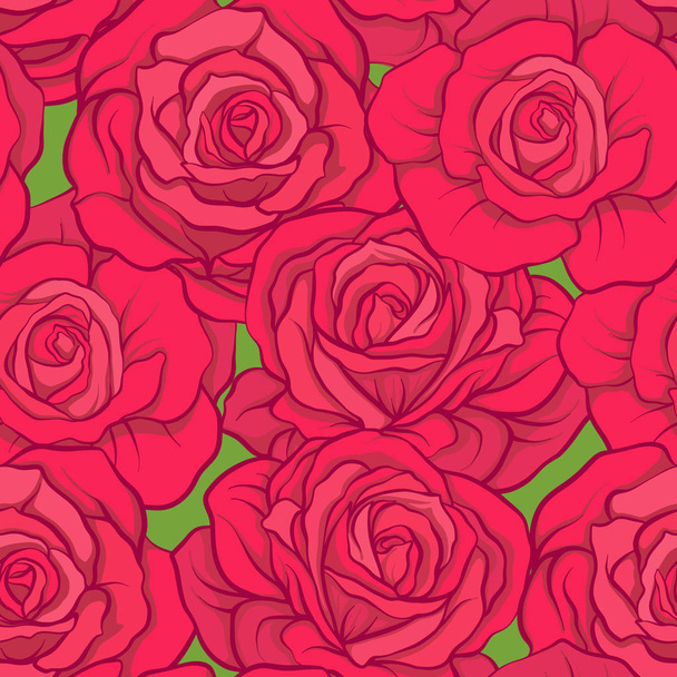 Seamless pattern with red roses on green background. Stock vecto - Вектор, зображення