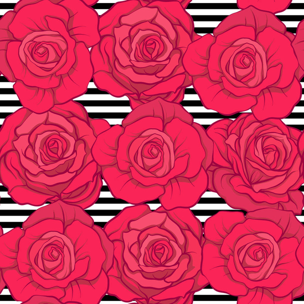 Seamless pattern with red roses on background with black and whi - Διάνυσμα, εικόνα