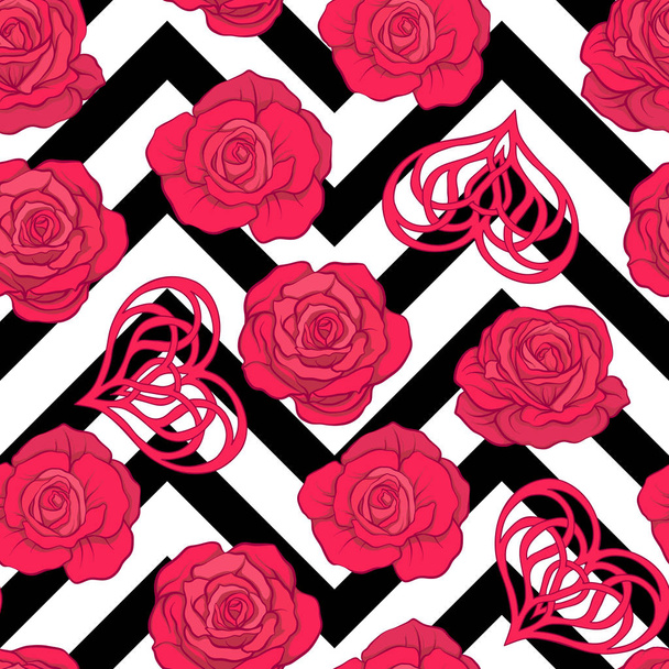Seamless pattern with red roses and love heart on background wit - Vetor, Imagem