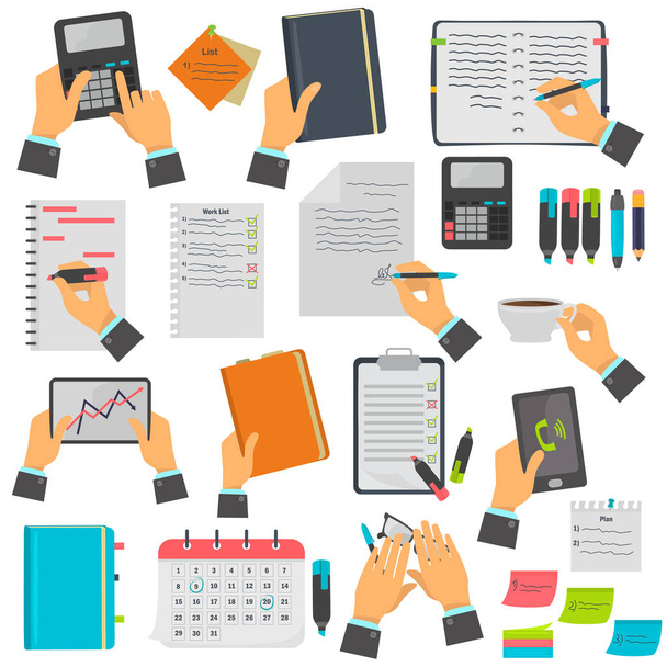 Notas de negocios, calendario, lista de tareas pendientes, cuaderno, conjunto de iconos de color tableta. Diferentes manipulaciones empresariales aisladas en blanco
 - Vector, imagen