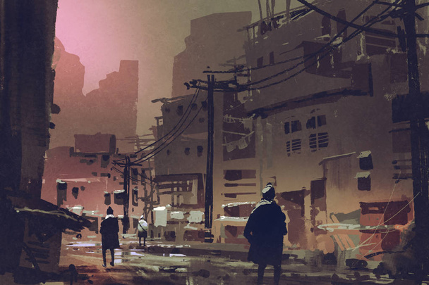 elhagyott város napnyugtakor piszkos utcában - Fotó, kép