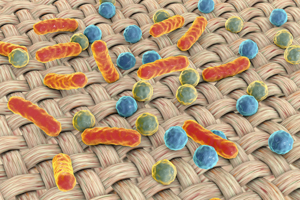 Panos sujos. Imagem conceitual mostrando micróbios na superfície do tecido
 - Foto, Imagem