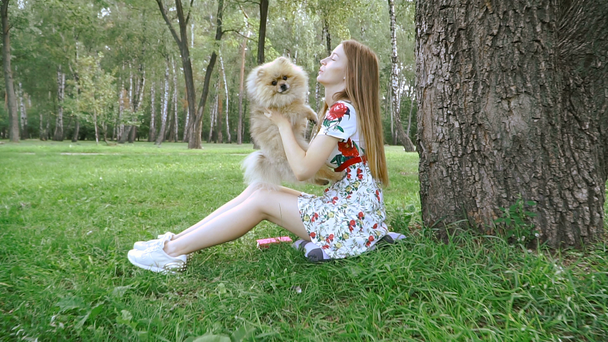 A girl is walking with a park with a dog. Pomeranian Spitz - Felvétel, videó