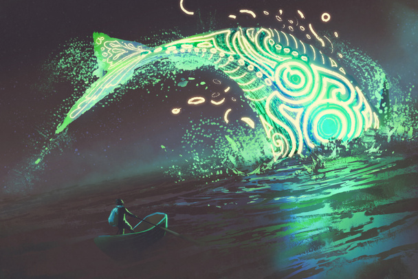 człowiek na łodzi oglądają skoki świecące zielone wieloryba w morzu - Zdjęcie, obraz