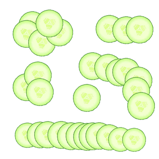 set of green cucumber slices. Illustration of vegetables isolated on a white background. Diet healthy organic food. Ingredient salad. Chopped the food the Cooking. Product from the garden - Vector, Imagen