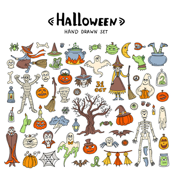 Vector set with hand drawn, colored, isolated doodles on the theme of Halloween on white background - Vector, imagen