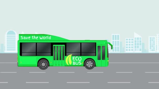 Зелений міський автобус Еко на дорозі. Анімована ілюстрація електричний пасажирський транспорт. Відео доступні в 4 к. - Кадри, відео