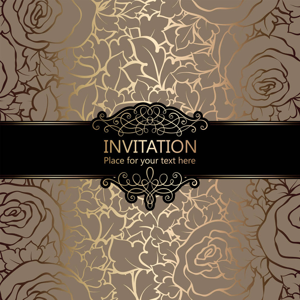 Αφηρημένα φόντο με τριαντάφυλλα, πολυτελή μπεζ και χρυσό στολίδια floral ταπετσαρία vintage πλαίσιο, damask, προσκλητήριο με χώρο για κείμενο, μπαρόκ στυλ φυλλαδίου, σχέδιο μόδας, πρότυπο για το σχεδιασμό - Διάνυσμα, εικόνα