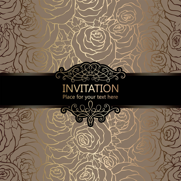Abstract achtergrond met rozen, luxe beige en goud vintage frame, damast bloemen behang ornamenten, uitnodigingskaart met plaats voor tekst, barokke stijl boekje, mode patroon, sjabloon voor ontwerp - Vector, afbeelding