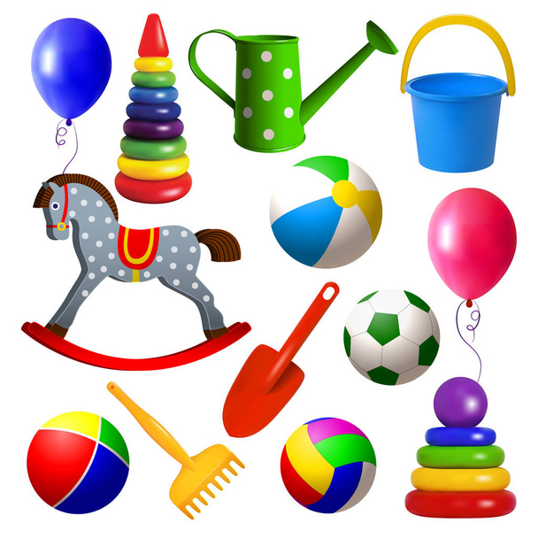 Set toys for young children. Ball, swing, rocking horse, balloon, pyramid, sandbox toys. Realistic isolated colored objects on a white background. Vector illustration. - Vector, Image