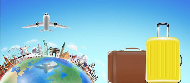 valigia con punto di riferimento di viaggio mondiale e aereo
 - Vettoriali, immagini