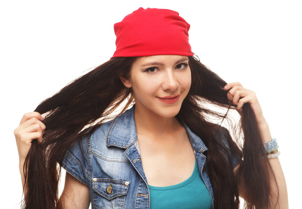 Close up studio portrait of cheerful   hipster girl going crazy - Photo, Image