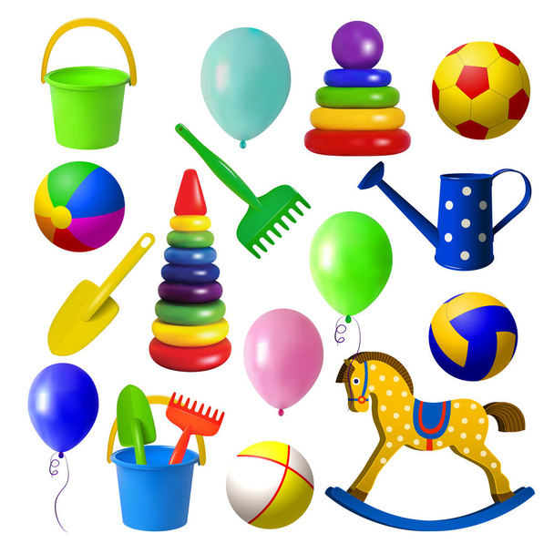 Toys for children. Set toys for sandbox, rocking horse, various balls and balloons. Isolated objects on white background. Vector illustrations - Vector, Image
