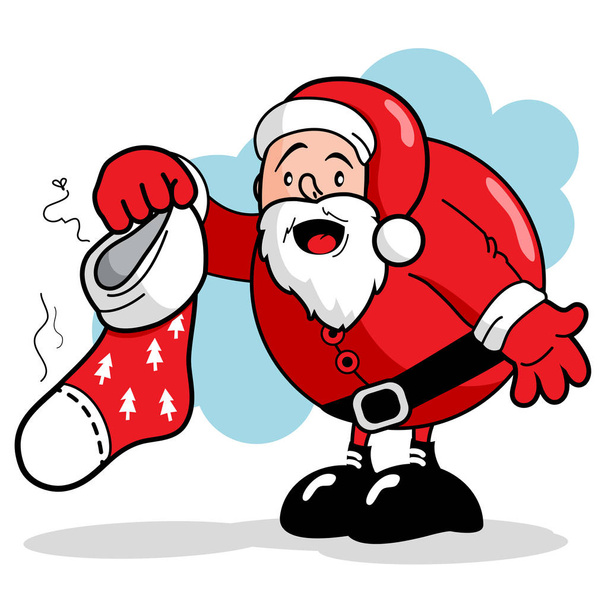 Santa Claus holding a dirty Christmas stocking - Vector, Image