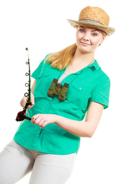 Woman with fishing rod, spinning equipment - Fotoğraf, Görsel
