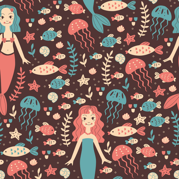 Cute Background with Mermaid, Shell and Fish. - Vetor, Imagem