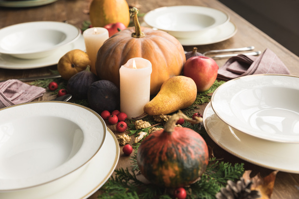 Served table and autumn harvest - Фото, зображення