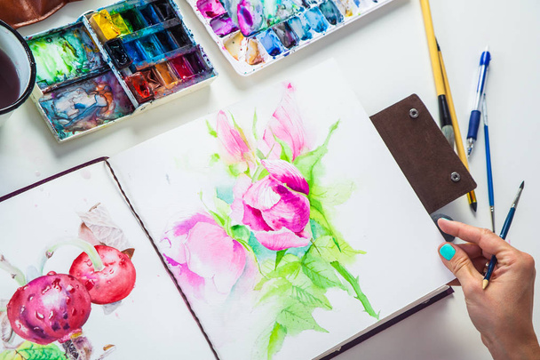 Drawing album with painted peonies  - Photo, Image