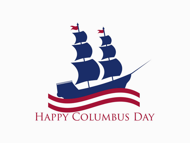 Ευτυχισμένη ημέρα Columbus, ο ανακαληπτής Αμερική, κύματα και πλοίο, banner διακοπών. Ιστιοφόρο με κεραίες. Εικονογράφηση διάνυσμα - Διάνυσμα, εικόνα
