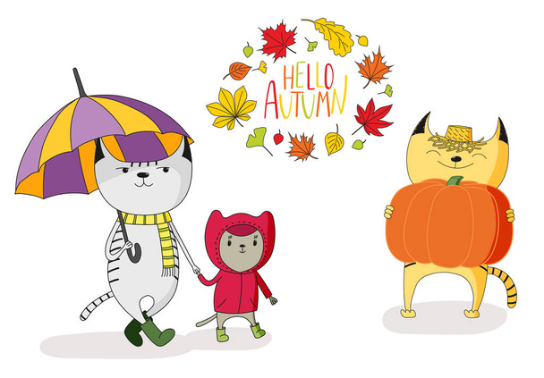 cats with autumn leaves and quote - Vector, Image