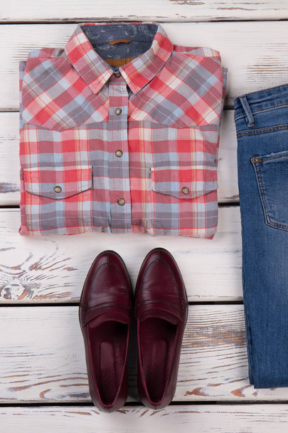 Plaid shirt, shoes and jeans - Photo, Image