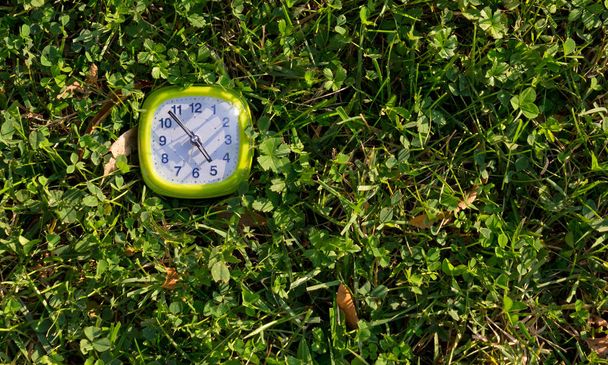 Alarm Clock on a Grass Texture - Fotografie, Obrázek