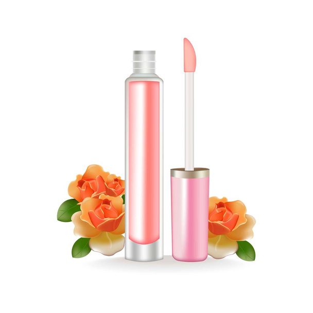 Lip gloss Vector realistic. 3d package. Beauty cosmetics Container product. Vector illustration roses details isolated on white background - Wektor, obraz