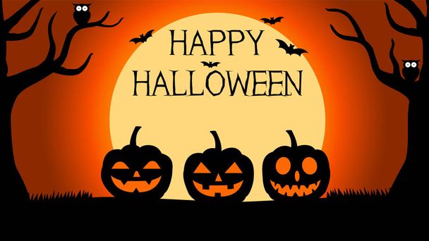 Halloween Background with silhouettes of pumpkins under full moon - Vector, Image