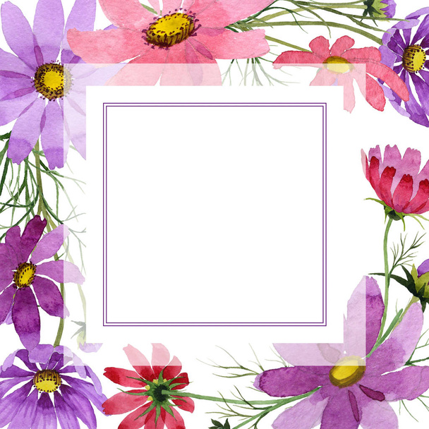 Wildflower kosmeya flower frame in a watercolor style. - Foto, Imagen