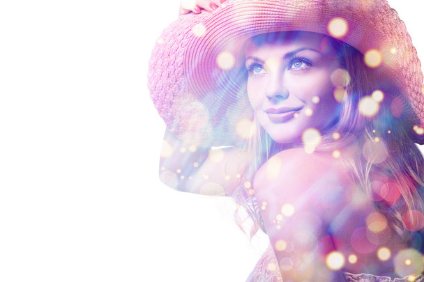 Woman sitting in pink dress and hat - Foto, Imagem