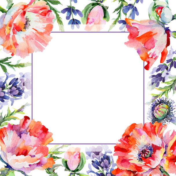 Wildflower poppy flower frame in a watercolor style. - Fotoğraf, Görsel