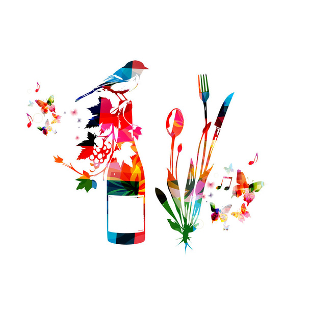 Utensilios de cocina coloridos con pájaro sentado en botella
 - Vector, Imagen