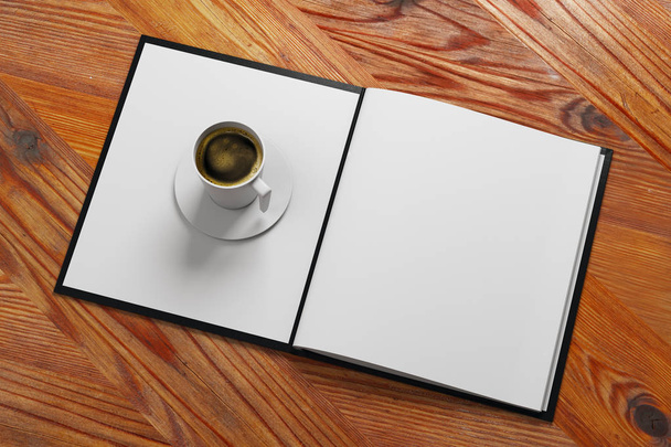 Top view of open menu book with coffee cup placed on wooden surface. Cafe ad concept. Mock up, 3D Rendering  - Fotografie, Obrázek