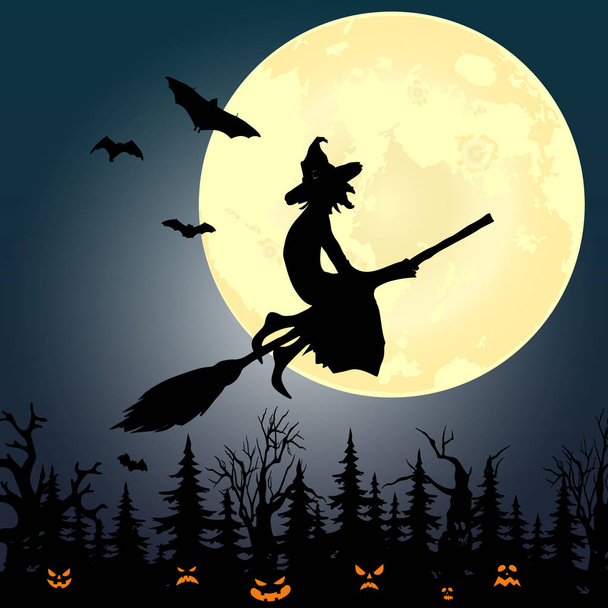 Halloween party. Pumpkin,  trees, bats and full moon. Halloween  - Wektor, obraz