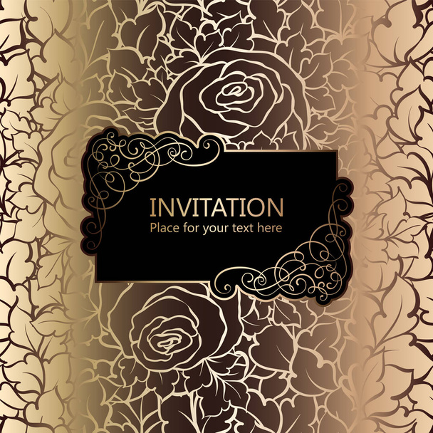 Αφηρημένα φόντο με τριαντάφυλλα, πολυτελές μαύρο και χρυσό πλαίσιο εκλεκτής ποιότητας, βικτοριανός banner, damask διακοσμητικά floral ταπετσαρία, προσκλητήριο, μπαρόκ στυλ φυλλαδίου, σχέδιο μόδας, πρότυπο για το σχεδιασμό. - Διάνυσμα, εικόνα
