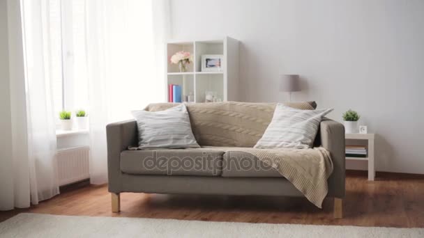 καναπές με μαξιλάρια στο άνετο σαλόνι στο σπίτι - Πλάνα, βίντεο