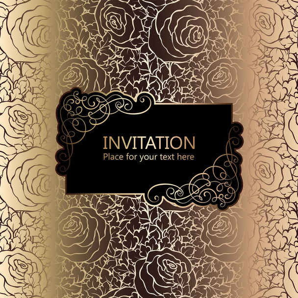 Abstract background with roses, luxury black and gold vintage frame, victorian banner, damask floral wallpaper ornaments, invitation card, baroque style booklet, fashion pattern, template for design. - Vector, Image