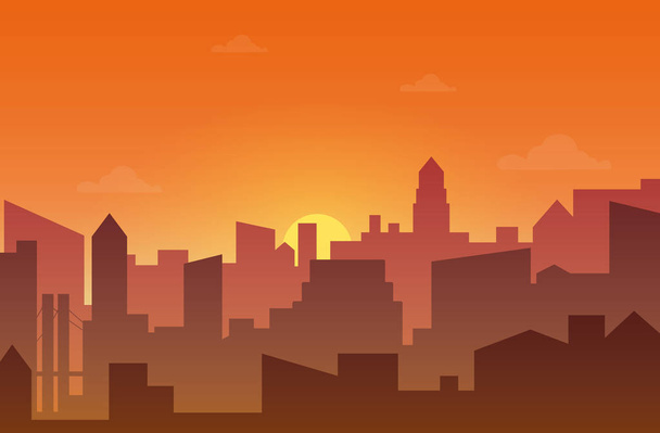 City skyline silhouette at sunset or sunset. Skyscappers, towers and office in dirty fog vector illustration. - Vetor, Imagem