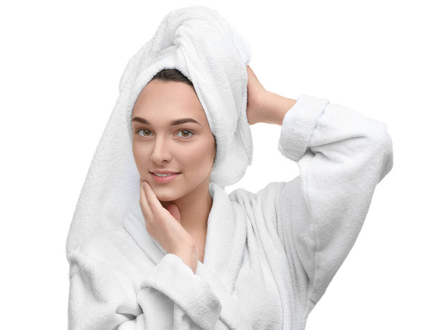 young woman in bathrobe - 写真・画像
