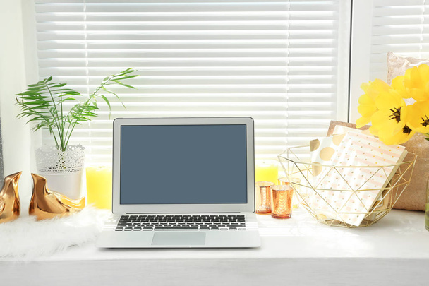 workplace with laptop on windowsill  - Valokuva, kuva