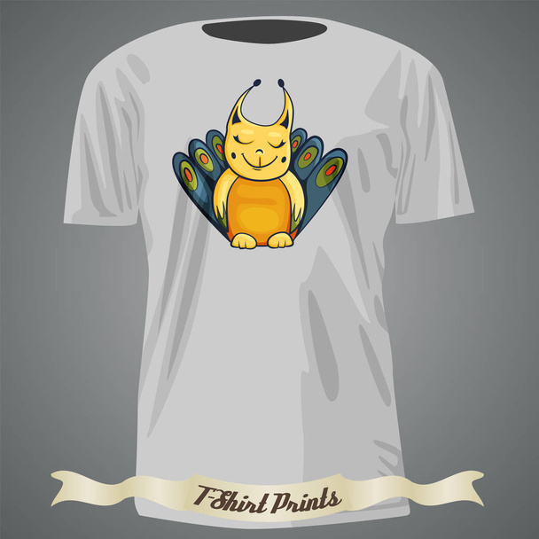 t-shirt design with Cartoon of cute smiling fantasy creature wit - Vector, Image